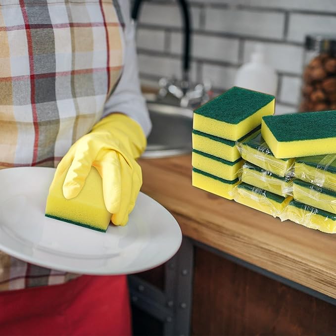 Ovveroche 50 Pcs Individually Wrapped Sponges, Uncompressed Non Scratch Scrouing Sponges for Household Cleaning Dishes Kitchen Airbnb Apartment Car Bike Green