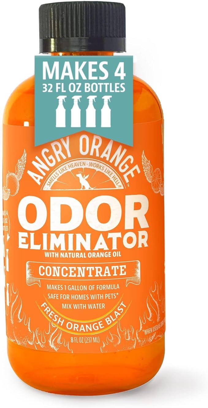 Angry Orange Pet Odor Eliminator Concentrate – 8oz Citrus Powered Concentrate for Strong Dog & Cat Urine Smells, Safe for Most Fabrics, Great for Carpets, Upholstery - Makes 128oz of Liquid