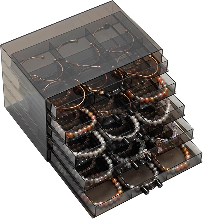 SPAKOWN Earring Organizer, Acrylic Earring Box Large 30 Compartments Jewelry Holder Organizer with 5 Drawers Stackable Earring Bracelet Storage Case Jewelry Boxes for Women (Black)