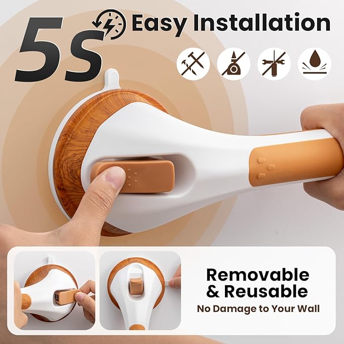 TAILI Shower Grab Bar 16 Inch Suction Cup Grab Bars for Bathroom, Removable Shower Safety Handle Heavy Duty Bathtub Grip for Seniors & Elderly, Strong Handrails No Drilling Waterproof, Wood Grain