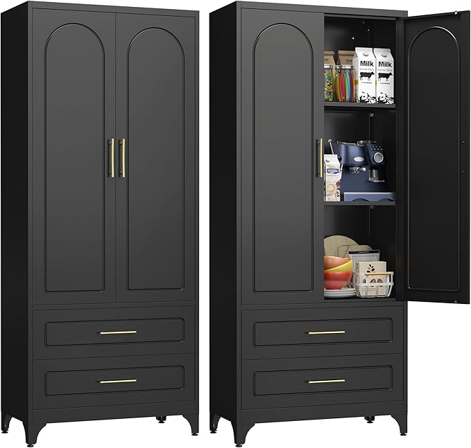 Pantry Kitchen Cabinet with Drawer, 75" Tall Pantry Storage Cabinet, Metal Storage Cabinets with Doors and Shelves, Large Freestanding Cupboard for Dining Room, Assembly Required, Black