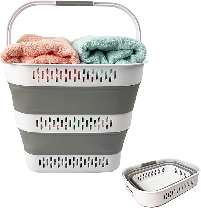 SAMMART 38L(10 Gal) Collapsible Laundry Basket - Foldable Pop-Up Storage Container/Organizer-Portable Space Saving Hamper, Measure 17.5x13.3x15.7/3.8" Expanded/Collapsed (1, White/Grey)