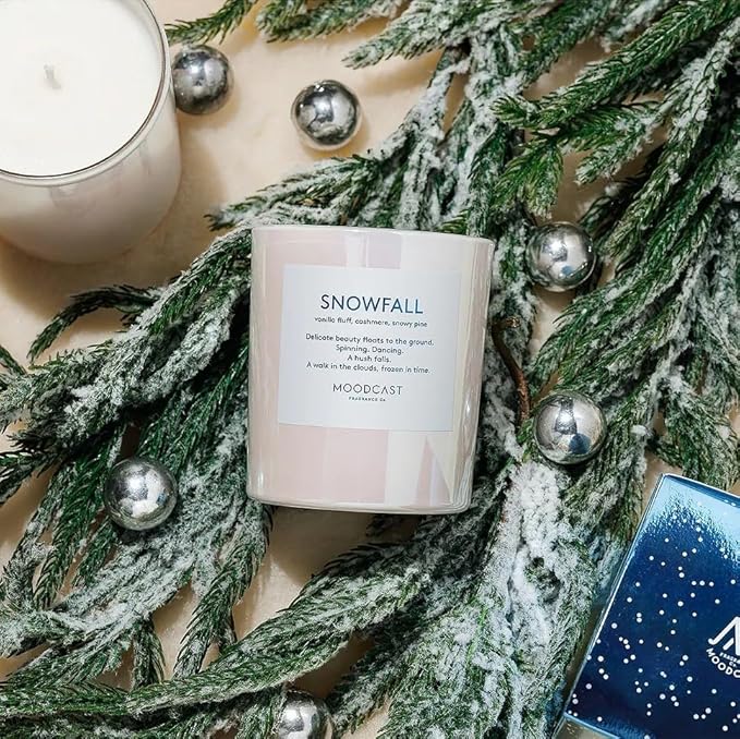 Moodcast Snowfall Scented Winter Candle - Aesthetic Holiday Candle for Home, Vanilla Fluff, Cashmere & Snowy Pine, Clean Coco Wax Blend, Vegan, Paraben Free, 50-Hour Burn, Christmas Decor - 8oz