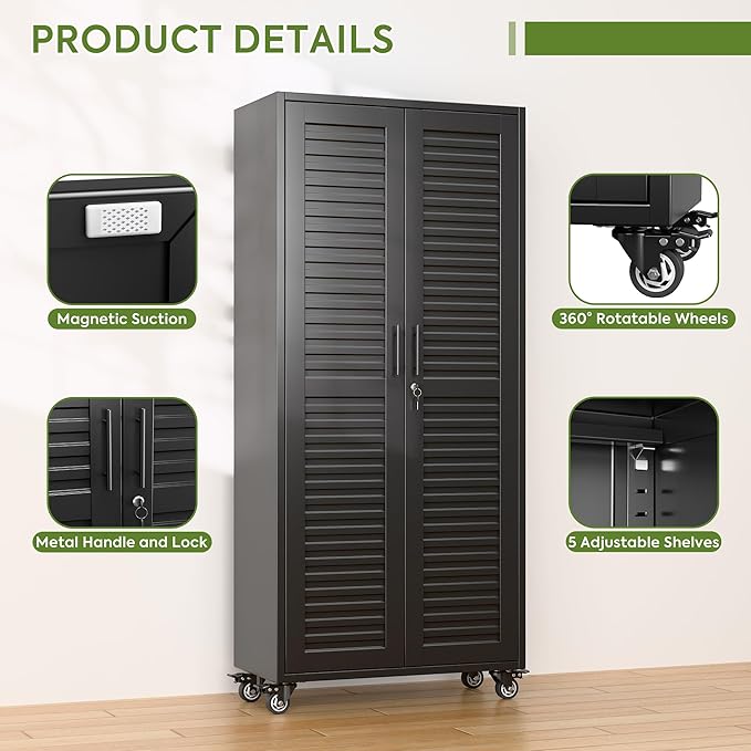 Garage Storage Cabinet with Wheels & Pegboard, Lockable Metal Storage Cabinet with Doors and 5 Adjustable Shelves for Garage, Home, Assembly Required, Black, 70.87" H x 31.5" W x 15.75" D