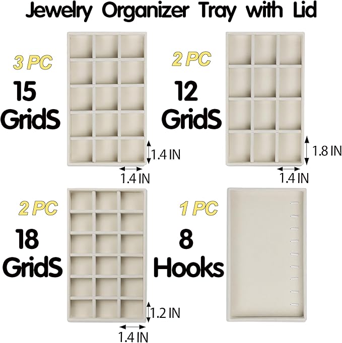 Set of 8 Stackable Jewelry Organizer Trays with 1 Lid for Drawer & Dresser Organizer, Adjustable Velvet Jewelry Box Tray Earring Organizer Necklace Storage Ring Bracelet Display Case (Beige)