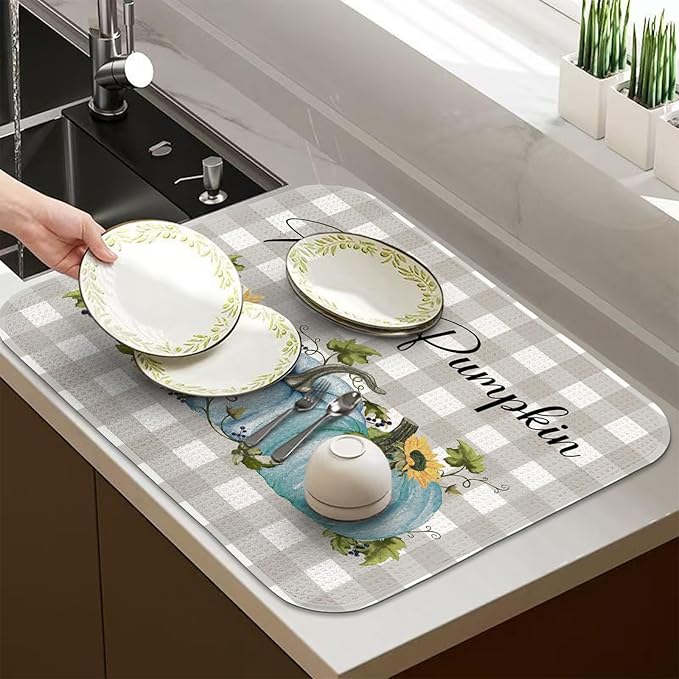 Quick Absorbent Kitchen Drying Mat - Stylish Patterns Fall Dish Drying Mat- 16×18 Inch & 18×24 Inch Pumpkin Kitchen Drainer Mat for Countertops, Dishes & Glassware