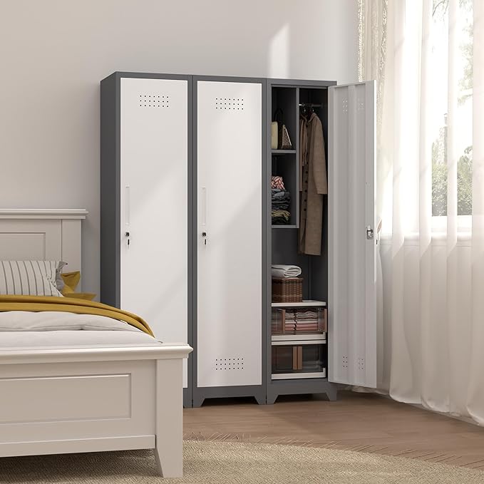 65"H Slim Broom Storage Cabinets, Metal Lockable Storage Cabinet with Single Door, Utility Cabinet for Brooms and Mops, Cleaning Storage Cabinet with Hanging Rod & S-Hooks for Bathroom, Garage