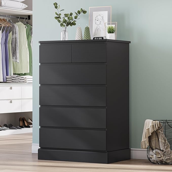 DICTAC Black Tall Dresser for Bedroom with 6 Drawers, 43.9" Tall Dressers & Chests of Drawers, Modern Wood Closet Organizer and Storage Cabinet, Large Vertical Dresser for Bedroom, Closet, Hallway