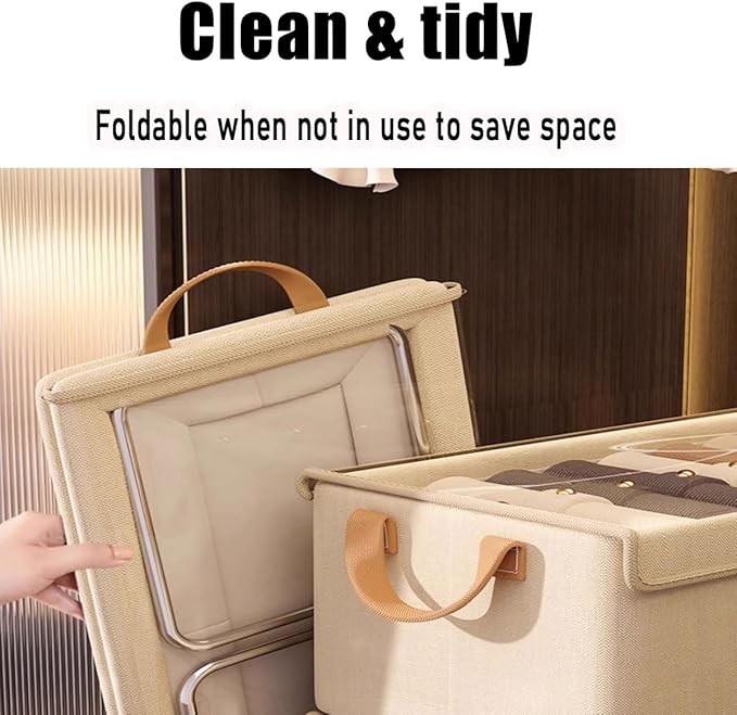 4PCS Foldable Storage Box with Lid - Extra Large Fabric Closet Organizer for Clothes, 18.5x11x7.9 Inch Canvas Bin, Collapsible Design for Bedroom, Shelf, Closet, Underbed (Beige)
