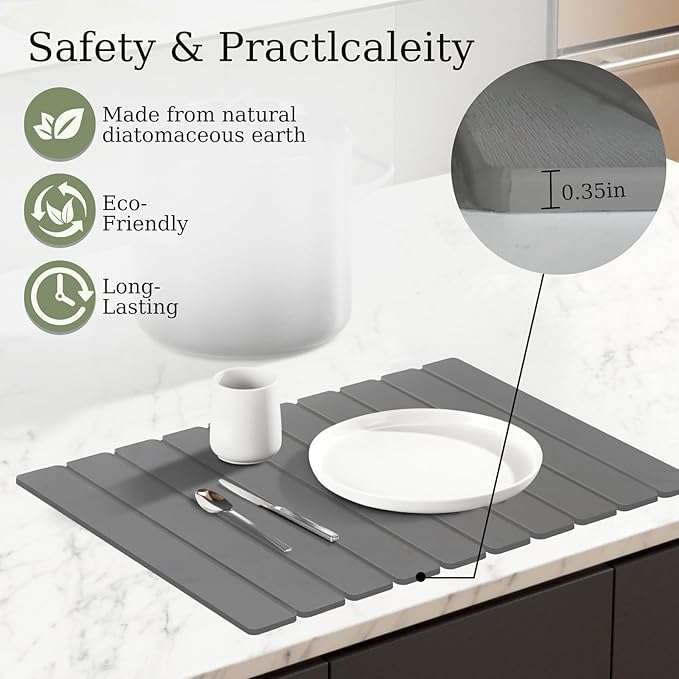 Hopegiver Stone Drying Mat for Kitchen Counter, 24"x16" Dark Gray Quick Drying Stone Mat, Super Absorbent Diatomaceous Earth Dish Drying Mat for Counter, Collapsible Design with Sanding Tools