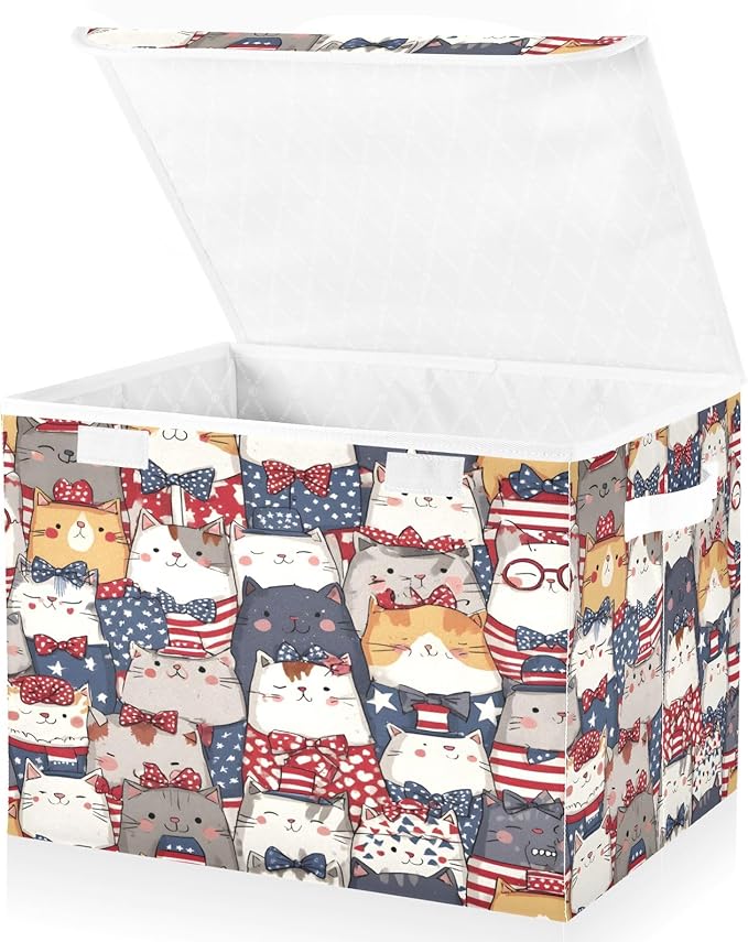 Bolaz Storage Bins with Lids and Handles,National Flag Cat Pattern Storage Box Basket with Cover Collapsible Organizer Containers for Home Closet, Shelves