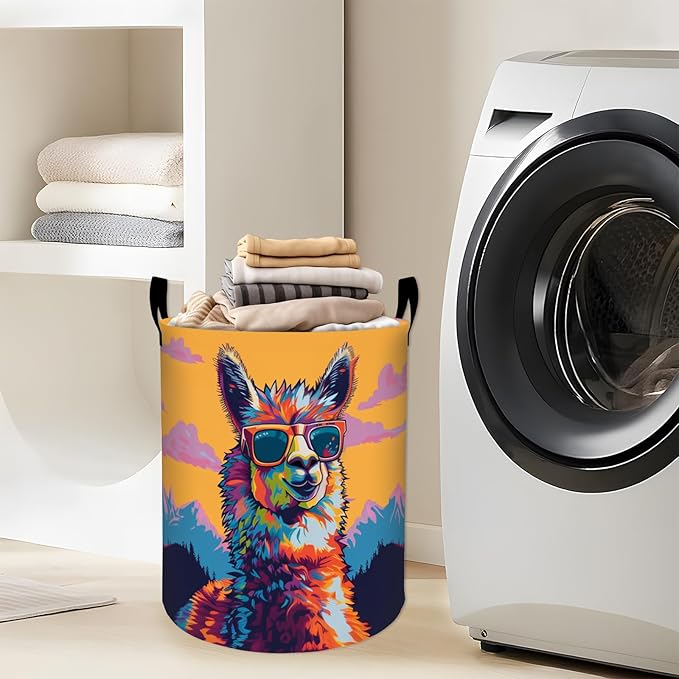 Colorful Llama with Cool Sunglasses Laundry Basket with Handles, 19.7"x15.7" Clothes Foldable Laundry Hamper Organizer for Dorm Nursery Bedroom Bathroom Decor, Toy Storage Bin for Kids
