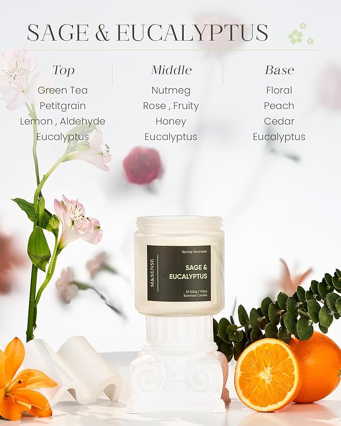M&SENSE Eucalyptus Sage Scented Candle, 2-Wick 70-Hour Long Lasting Burn Time 11.6oz Natural Soy Wax Non Toxic Relaxation Candle for Home Decor Birthday Gifts Easter Supplies