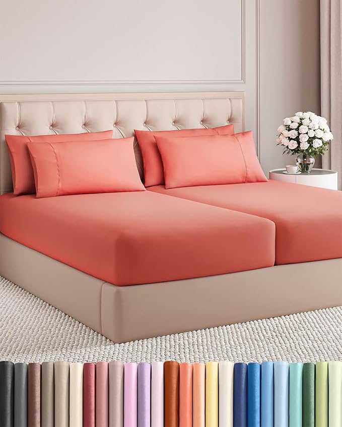 Split King 7 Piece Sheet Set - Comfy Breathable & Cooling - Ultra-Soft Hotel Luxury Bedding Set w/ 8-16 Inch Deep Pockets - 1 Flat & 2 Fitted Sheet & 4 Pillowcases - Wrinkle Free & Easy Care - Coral
