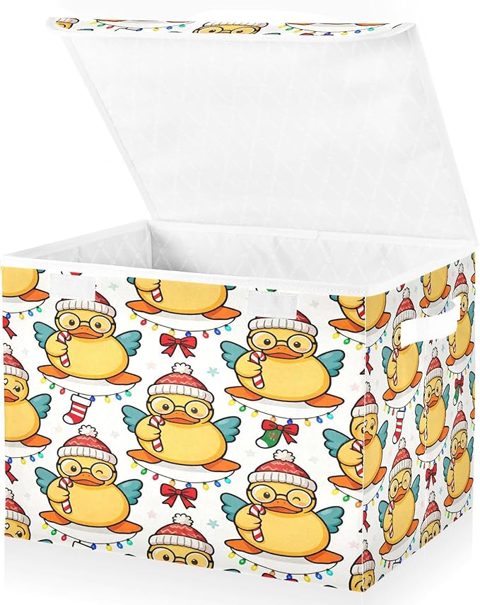 Christmas Duck Cute Pattern Storage Bins with Lids Foldable Storage Basket with Handles Collapsible Large Fabric Organizer Containers for Clothes Shelves Closet Office Home