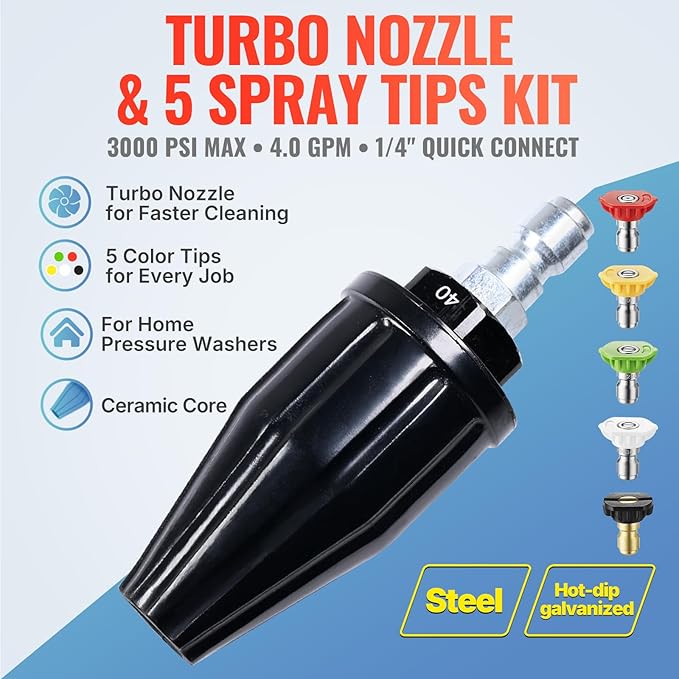 YAMATIC Pressure Washer Turbo Nozzle Tips, 360° Rotating Turbo with 5 Spray Nozzles, 3000 PSI 4.0GPM with 1/4" Quick Connector Compatible with Ryobi, Greenworks, Craftsman, Troybilt, Simpson