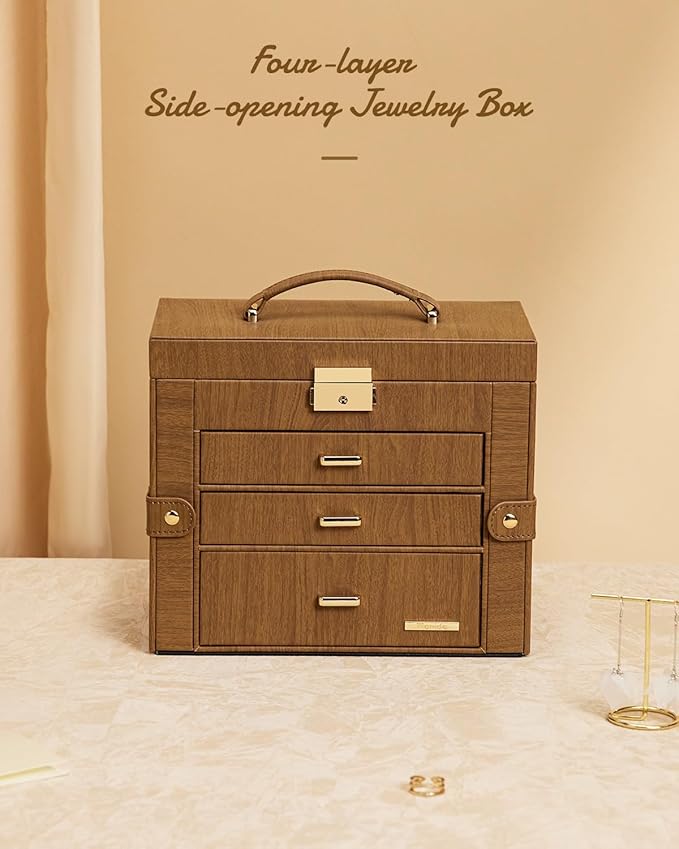 Homde 2 IN 1 Jewelry Box for Women Girls with Small Travel Case Mirror Necklace Ring Earrings Organizer (Brown + Gold)