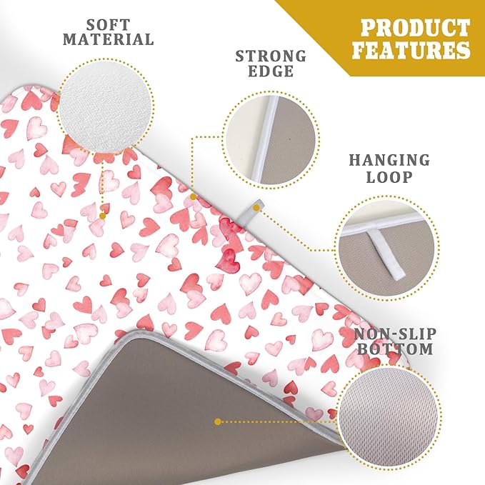 Valentine’s Day Dish Drying Mat for Kitchen Counter 24x18 Inch Watercolor Love Drying Mat with Absorbent Reversible Microfiber Pink Dish Drainer Mats Rack Pad for Coffee Countertop Protector