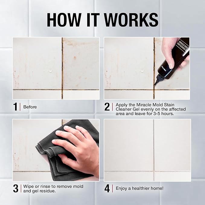 GlassGuard Miracle Mold Stain Remover Stain Gel – Heavy Duty Cleaning Gel for Grouts, Ceramic, Glass, Silicone, Caulk & More – Washing Machine Cleaner Front Loader (300 ml / 10 oz)