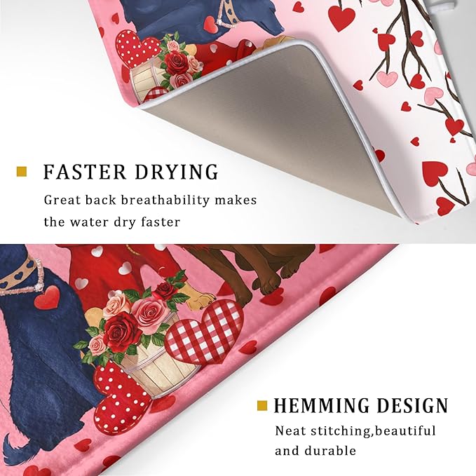 Love Dog Dish Drying Mat 18"x24" Red Heart Microfiber Dish Drainer Mat Hanging Loop Absorbent Fast Dry Pad Kitchen Counter Bar Accessories
