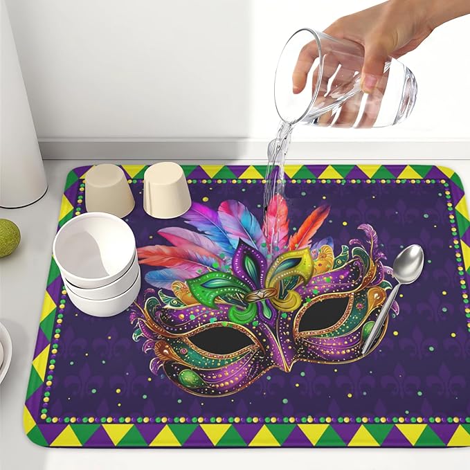 Wnoesat Mardi Gras Dish Drying Mat for Kitchen Counter Masquerade Mask Feather Drying Mats Absorbent Reversible Microfiber Washable Draining Pad Washable Dry Mat 18x24 Inch
