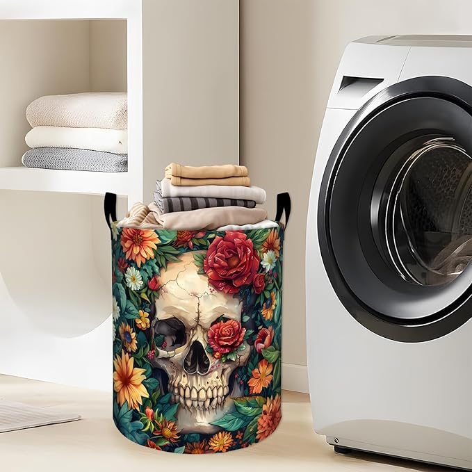 Skull Hidden Among Vibrant Floral Laundry Basket with Handles, 19.7"x15.7" Clothes Foldable Laundry Hamper Organizer for Dorm Nursery Bedroom Bathroom Decor, Toy Storage Bin for Kids