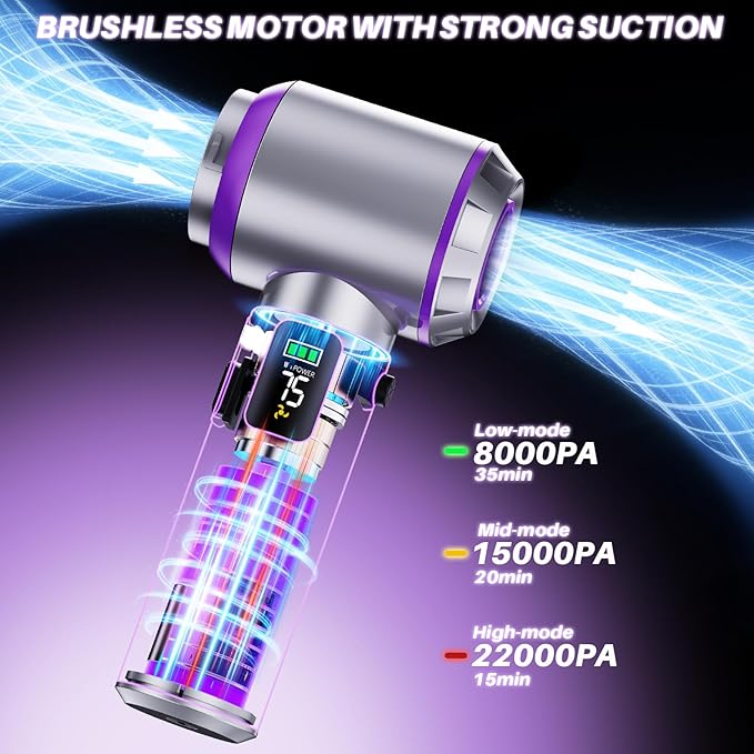 Olubfdh Car Vacuum Cleaner Portable, 22000PA High Power Handheld Vacuum Cordless with Brushless Motor & LED Light, Small Vacuum for Car, Home, Pet, Office