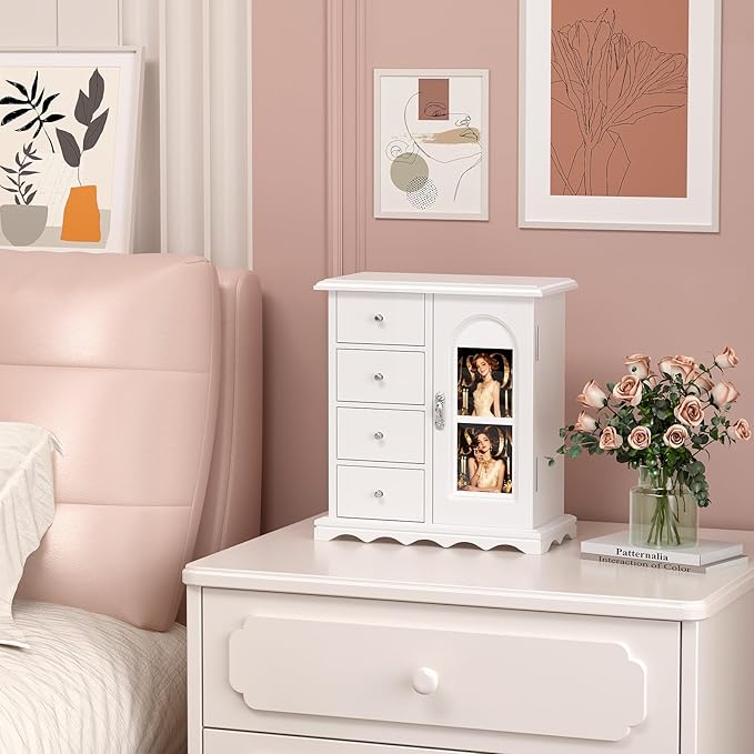 VINGLI Jewelry Box with Photo Frame, White Jewelry Organizer for Women, Arched Wooden Keepsake Case with 4 Drawers, Rotating Necklace Hooks & Velvet Lining, Vintage Gift for Girls Bedroom