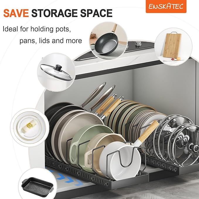 Enskatec Expandable Pots and Pans Organizer Under Cabinet, Sliding Pot Lid Holder and Pan Rack in Kitchen, Pull out Kitchen Cabinet Storage, with 10 Adjustable Dividers