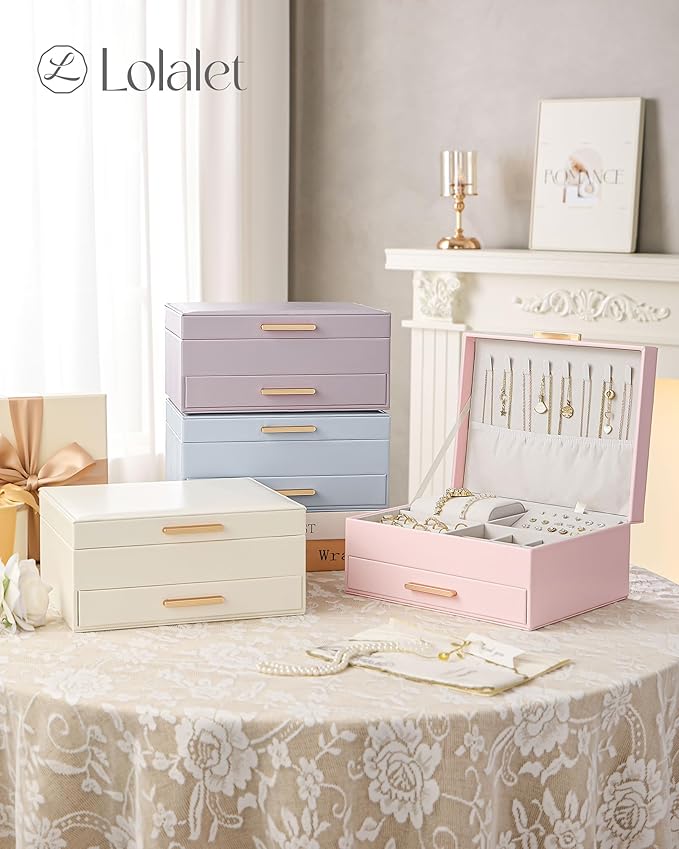 Lolalet 2-Layer Jewelry Boxes Organizer for Women Girls, Jewelry Storage Case Holder with Drawers for Necklaces Rings Earrings Bracelets Watches, Gifts Choice for Girlfriend Wife -Beige