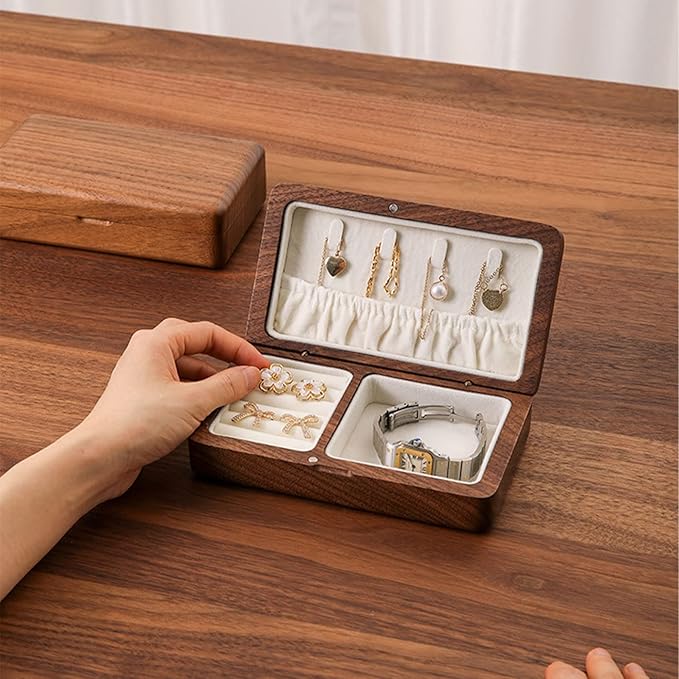 Jewelry Box Ladies Retro Travel Portable Mini Simple Solid Wood Wooden Small Jewelry Organize Storage Display Box (Walnut)