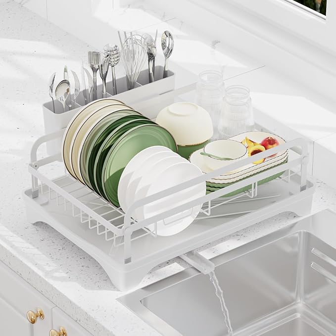 HOMEBOSILY Dish Drying Rack for Kitchen Counter - Large Capacity Dish Drying Rack with Drainboard, Kitchen Sink Dish Rack, Countertop Dish Drainer Rack with Cutlery Holders Dish Dryer Rack White