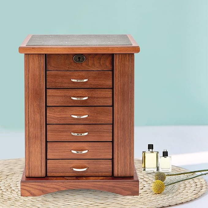7 Layer Large Wooden Jewelry Box for Women Girls, Wood Organizer with Lock Catch for Jewelries, Necklaces, Rings, Vintage Storage Box with Mirror & 6 Drawers