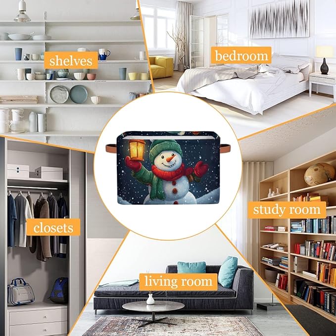Storage Baskets Bin, Christmas Winter Snowman Collapsible Canvas Fabric Storage Bin Decorative Baskets Toy Organizer Rectangle Storage Boxes with Handles for Home Shelves Nursery, J-014