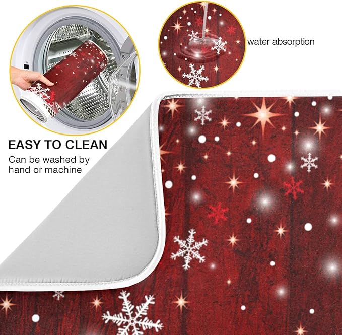 Christmas Tree Dish Drying Mat 18x24 inch Xmas New Year Snowflake Wooden Dish Drainer Kitchen Counter Mats Bottles Dish Dry Pad Protector for Kitchen Countertops