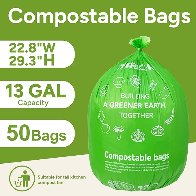 TERRACOR 13 Gallon Compostable Trash Bags,50 Count, Heavy Duty Tall Kitchen Food Scrap Waste Bag,Certified BPI and ASTM D6400 Standard