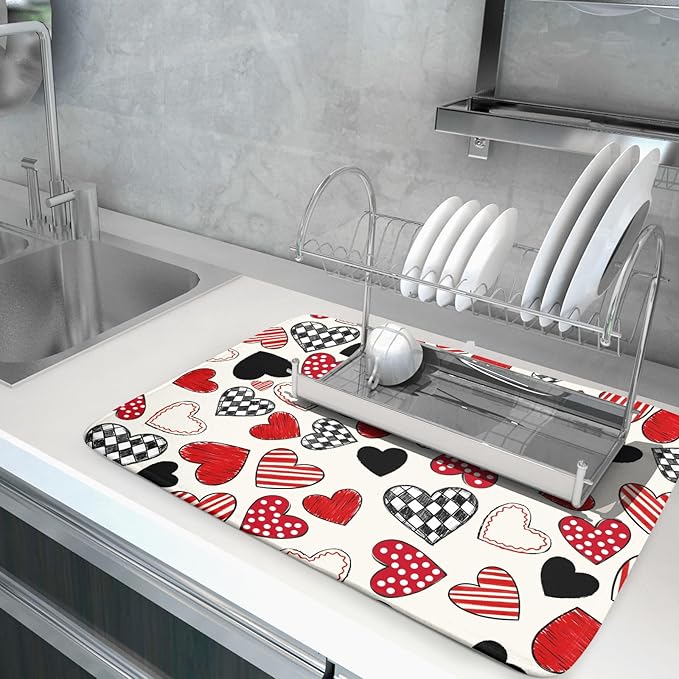 Valentines Day Dish Drying Mat for Kitchen Counter 24x18 Inch Red Heart Drying Mat with Absorbent Reversible Microfiber Holiday Love Dish Drainer Mats Rack Pad for Coffee Countertop Protector