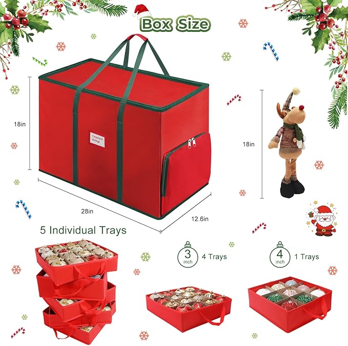 Premium 2-in-1 Large Christmas Ornament Storage Box & Xmas Figurine Container, Nutcracker Storage with Adjustable Dividers,5 Separate Trays Keep 73 Holiday Ornaments, 600D Tear-Proof Oxford, Foldable