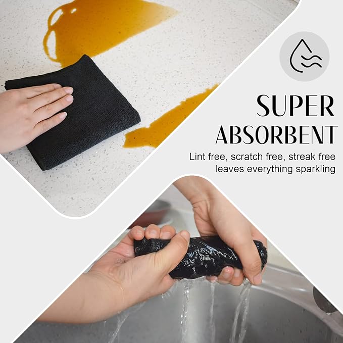 SINLAND Microfiber Cleaning Cloth Absorbent Dish Cloth Kitchen No Streak Dish Rags Glass Cleaning Cloths 12inchx12inch 12 Pack Black