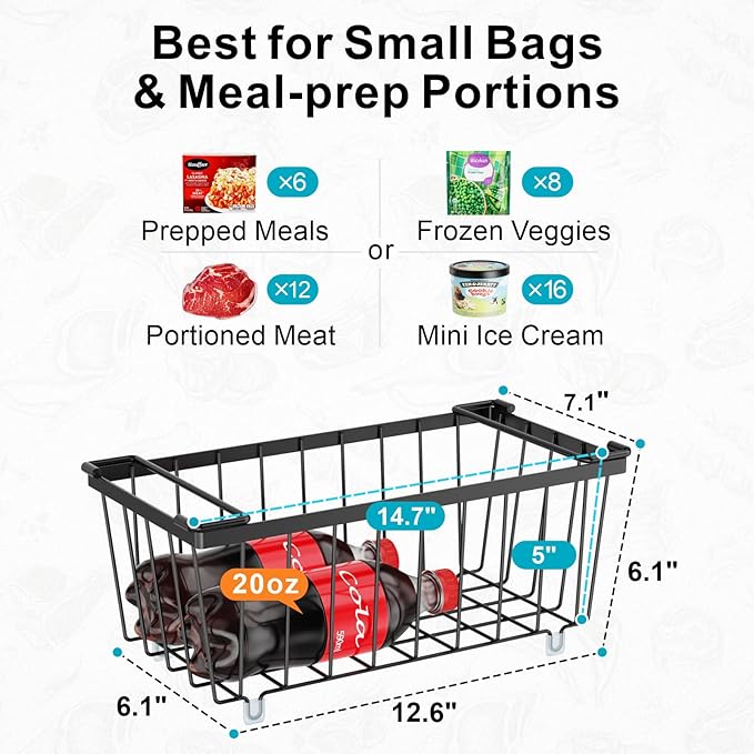 iSPECLE Chest Freezer Organizer Bins - Fits 7 Cu.Ft Deep Freezer, 6 Pack Stackable Wire Baskets(14.7" Length), Heavy Duty Coated Freezer Organizer, Rust Resistant for Frozen Food Sorting, Black