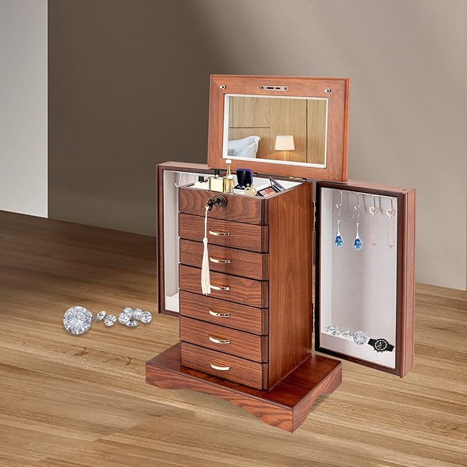 7 Layer Large Wooden Jewelry Box for Women Girls, Wood Organizer with Lock Catch for Jewelries, Necklaces, Rings, Vintage Storage Box with Mirror & 6 Drawers