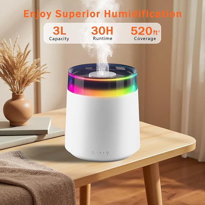 Humidifiers for Bedroom Home,3L Top Fill Cool Mist Humidifier for Baby Nursery,Essential Oil Diffuser for Large Room,3 in 1 uiet Ultrasonic Humidifier for,Office,Plant,Nursery,BPA FREE (White)
