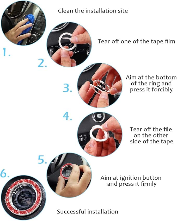 ToBeQueen Push Start Button Bling Rings Auto Car Engine Start Stop Button Sticker Emblem,Rhinestone Bling Red Car Accessories Decor for Women 2 Pcs,Red
