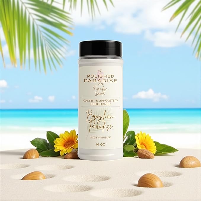 Polished Paradise Co Paradise Scents Carpet and Upholstery Deodorizer, Tropical Scent Powder for Rugs and Textiles, 16 Oz (Brazilian Paradise)