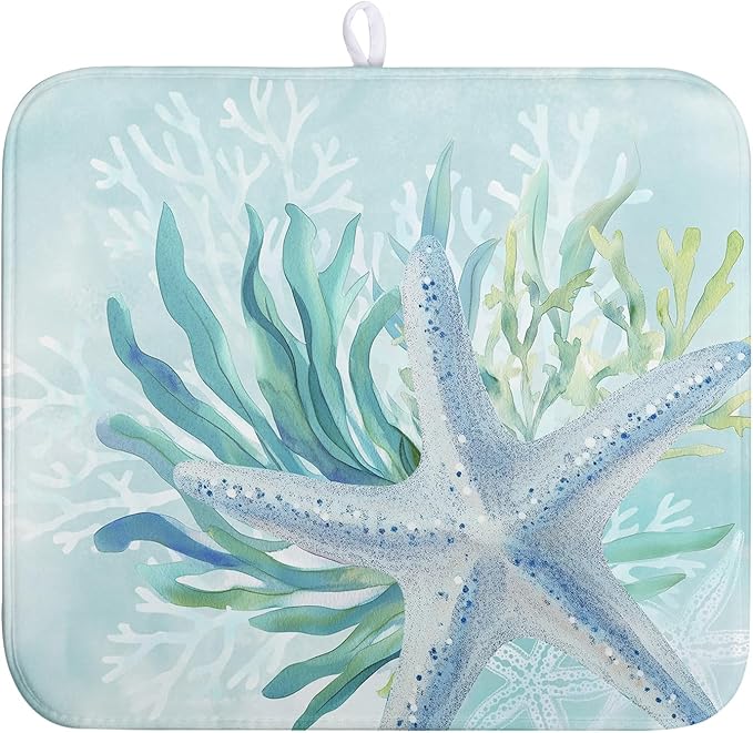 Wnoesat Summer Coastal Dish Drying Mat for Kitchen Counter Nautical Beach Starfish Coral Dish Drying Pad Ocean Teal Blue Dish Mat Absorbent Microfiber Dishes Drainer Mats 16"x18"