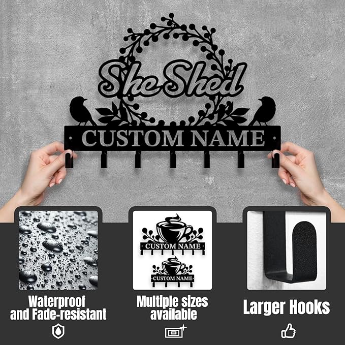 Personalized She Shed Metal Keys Hooks,Custom Name Metal She Shed Keys Hooks,Black Metal She Shed Wall Home Storage Decorative Keys Hooks,Key Holder Hooks for Wall (Style D)