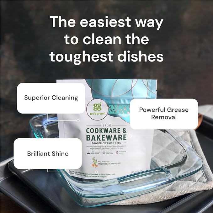 Grab Green Cookware and Bakeware Cleaner Pods, 60 Pods, Tangerine Lemongrass Scent, Plant and Mineral Based, Removes Burnt-On Food, Eliminates Stains
