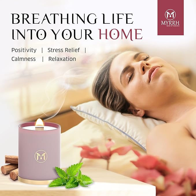 MyrrhUSA Sandalwood Patchouli Scented Candle – 15 oz Natural Soy Wax with Crackling Wooden Wick & Essential Oils, 80 Hour Burn, Luxury Aromatherapy Candle for Relaxation, Home Décor & Gift Purpose