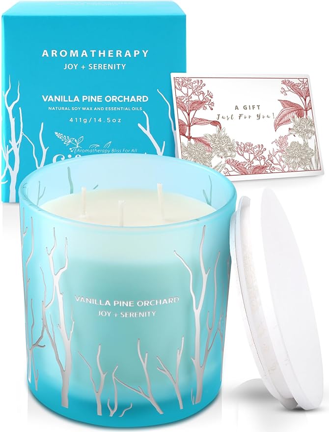 Vanilla Pine Orchard 3 Wick Soy Candle Large 14.5oz | Fresh Vanilla Pine Scented Candles for Home | Teal Blue Frosted Decorative Spring Candle | Clean Woodsy Scent | Aromatherapy Candle, Birthday Gift