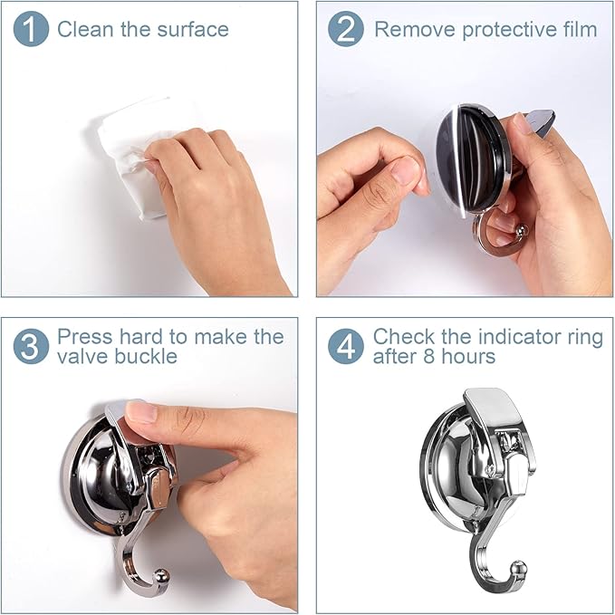 Suction Cup Hooks for Shower, Bathroom, Kitchen, Glass Door, Mirror, Tile – Loofah, Towel, Coat, Bath Robe Hook Holder for Hanging – Waterproof Wreath Hanger (4, Silver)